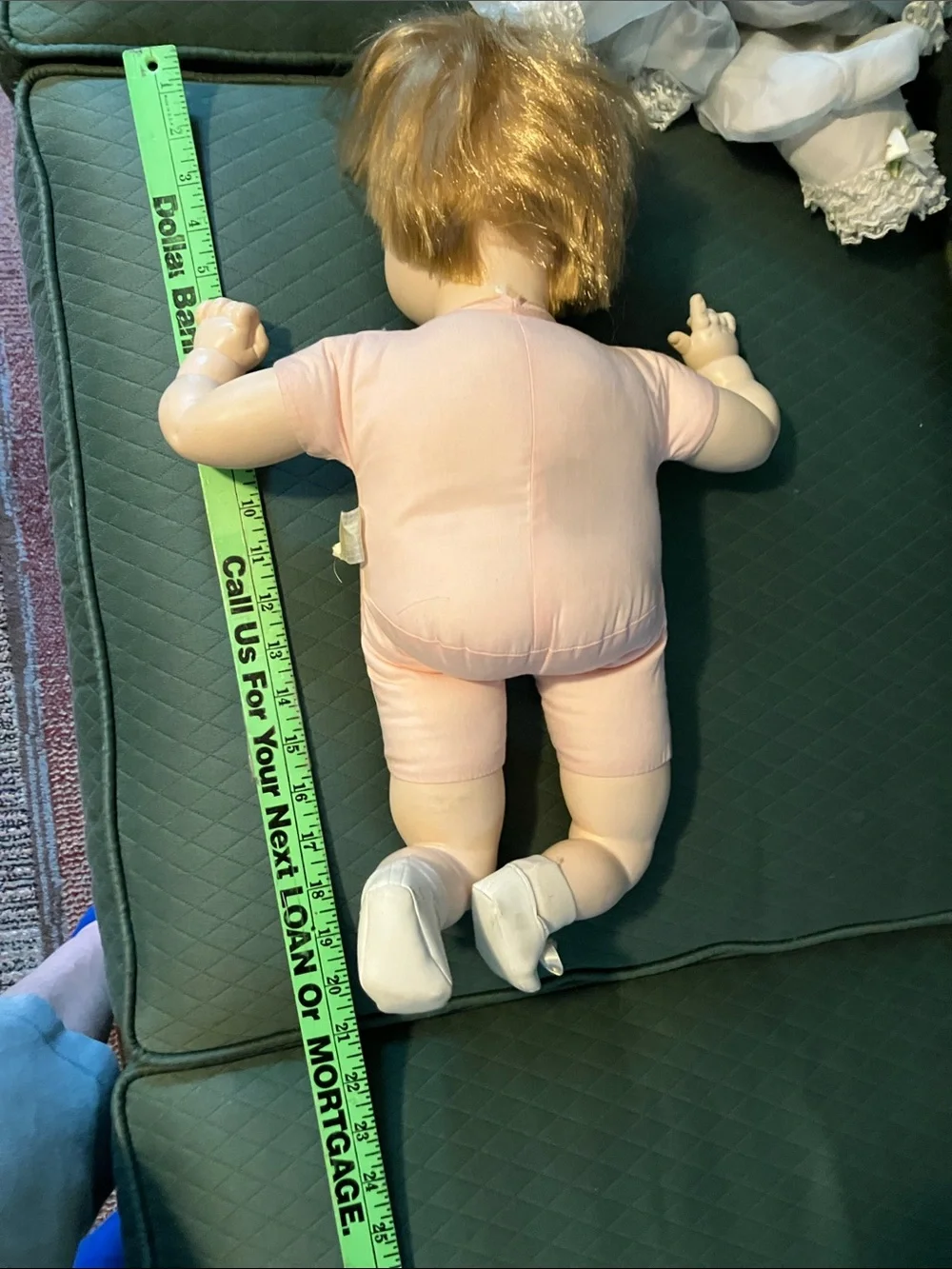 Vintage large Baby Doll in Pale Blue Dress with Bonnet 1973